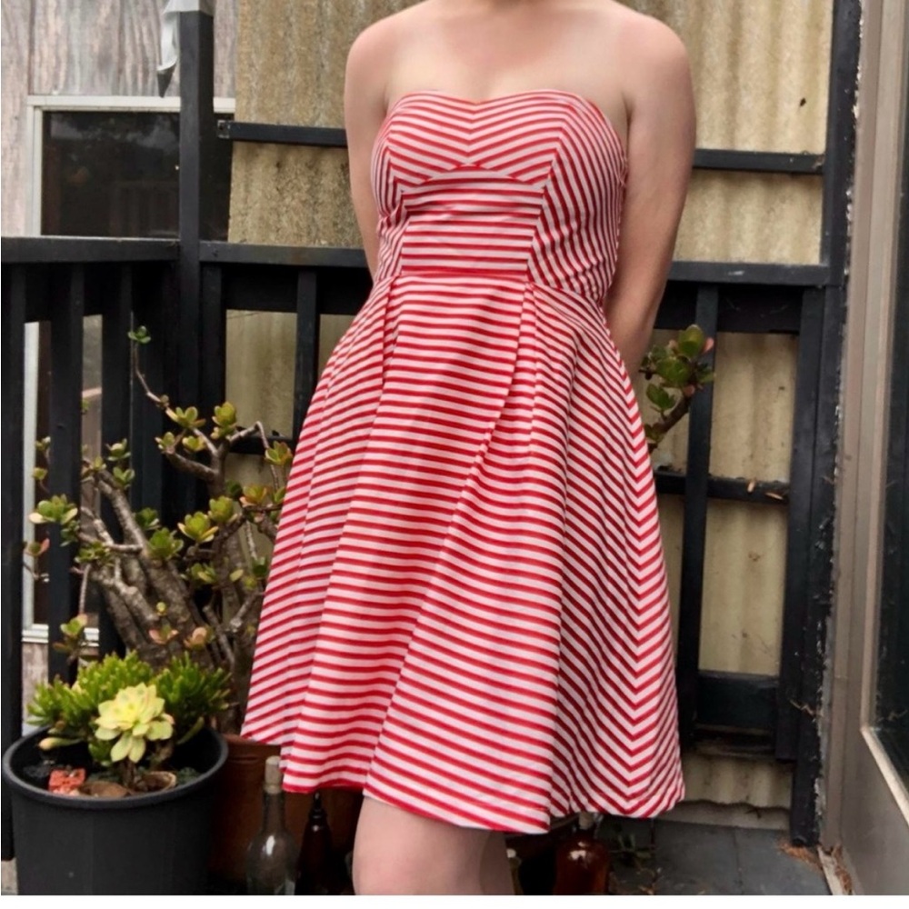 Minuet Petite Red and White Strapless A-Line Sundress